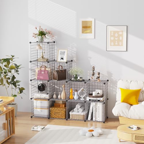 Wire Cube Storage Organizer 12-Cube Metal Grid Shelving - Silver Gray