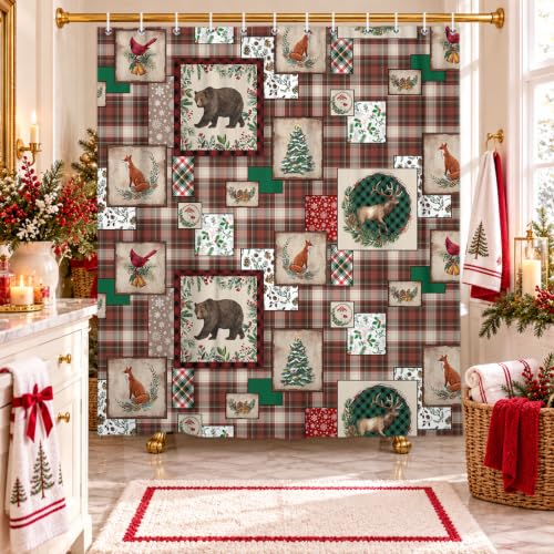Wathon Christmas Plaid Shower Curtain with Woodland Lodge Cabin Design, 70x70 inches