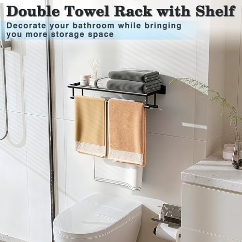 Double Towel Rack Wall Mount 24 Inch Matte Black Stainless Steel Bathroom Storage