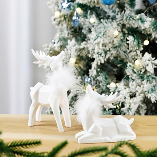 Ceramic Christmas Reindeer Figurines Set - White Deer Decor for Winter Holiday Tabletop