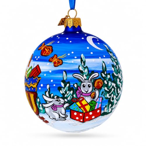Santa in Sleigh with Reindeer Glass Ornament - 4 Inch Hand-Painted Christmas Gift
