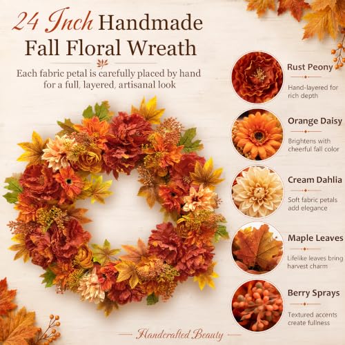 24 Inch Fall Wreath for Front Door - Autumn Floral Decor with Lifelike Blooms