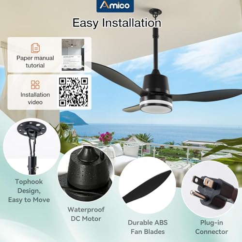 Amico 42-Inch Black Outdoor Ceiling Fan with Lights, Waterproof IP65 Gazebo Fan