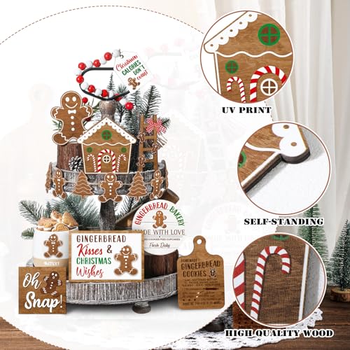 GlikCeil Gingerbread Style Christmas Tiered Tray Decor Set - Rustic Wooden Signs, 20 Pieces
