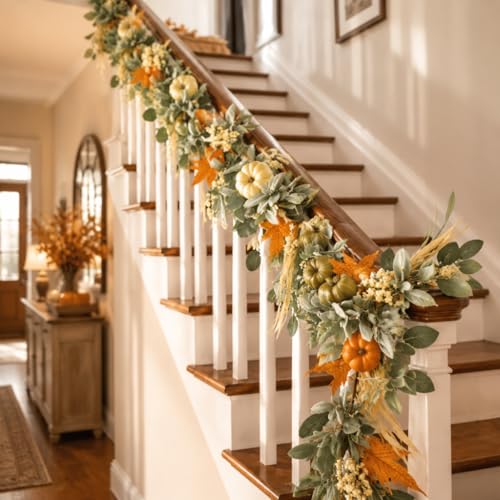 Waipfaru Green 6 Ft Fall Garland with Lights for Mantel, Indoor Outdoor Decor