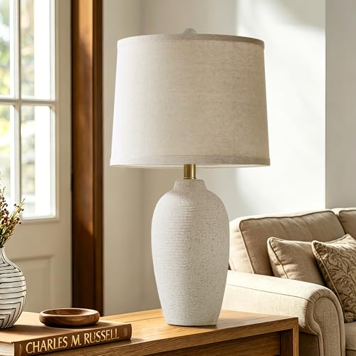 AIEAMPDO 25-Inch Modern Farmhouse Ceramic Table Lamp - Beige White