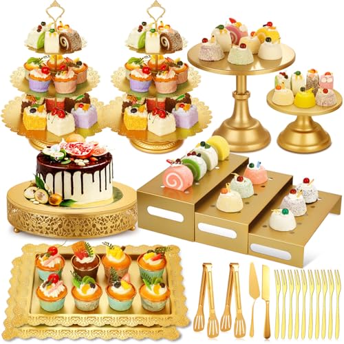 Gold Metal Dessert Table Display Set with Cake Stands & Trays for Weddings & Parties