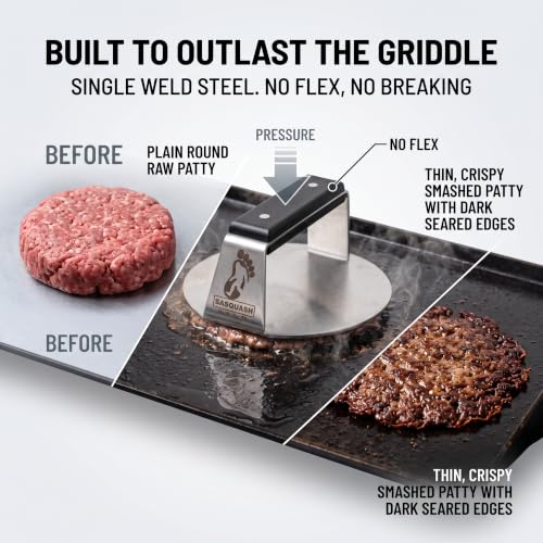 6 Inch Fully Welded Smash Burger Press - Flat Handle Control, Heavy-Duty Steel