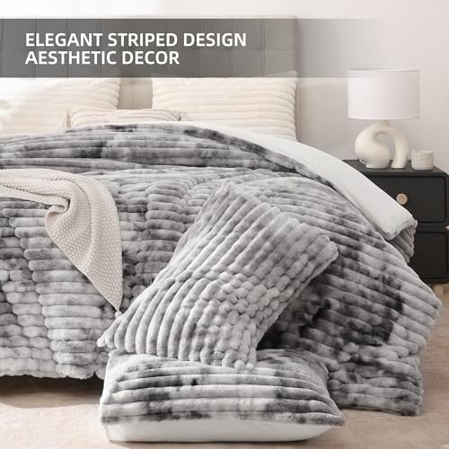 King Size Fluffy Comforter Set - Tie-Dye Grey Fleece Bedding 3 Pieces
