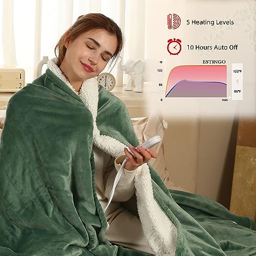 Heated Blanket Twin Size - 62"x84" Twin Size Electric Blanket with 5 Heating Levels & 10 Hours Auto Off, Fast Heating Blanket with ETL & FCC Certification for Bedroom Office Couch, Hunter Green
