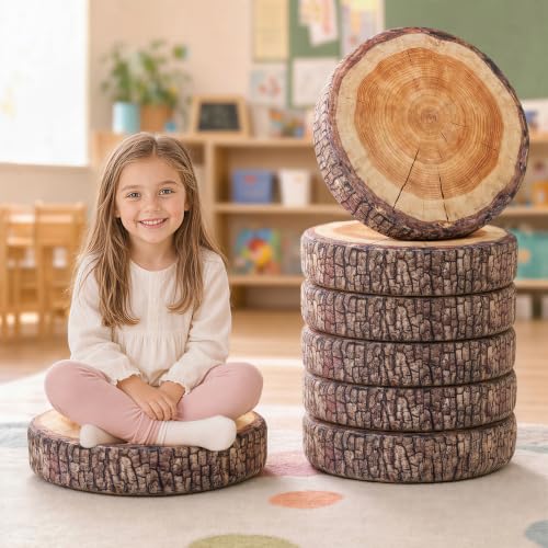 Tree Stump Floor Cushions for Kids 6 Pack - Natural Wood Set, 15 Inch Classroom Seating
