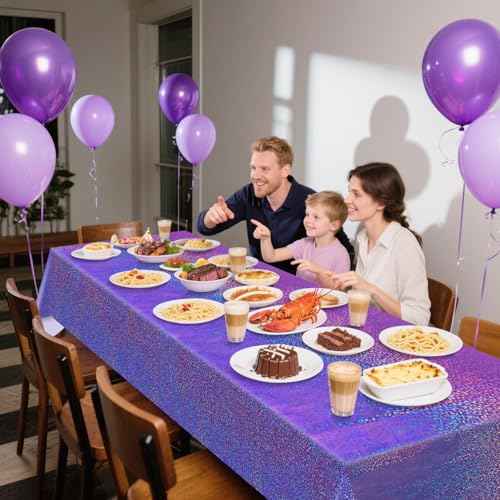 4Pcs Purple Holographic Tablecloths Rectangular Purple Iridescent Tablecloth Shimmer Metallic Table Covers for Butterfly Mermaid Party Birthday Wedding Christmas Holiday Party Decorations, 54x108Inch