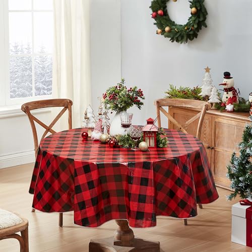 84x60 Inch Oval Christmas Buffalo Plaid Vinyl Tablecloth with Flannel Backing