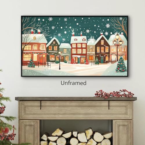 Unframed Christmas Snowy Village Wall Art 16x28in Winter Town Night Landscape