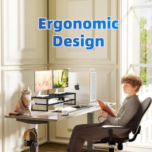 Dual Monitor Stand Riser with 32x10 Inch Mouse Pad, Black - Ergonomic & Sturdy