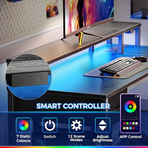 SUPERJARE 47-Inch Reversible L-Shaped Gaming & Office Desk with LED Lights, Power Outlets, Grey - Model 47G