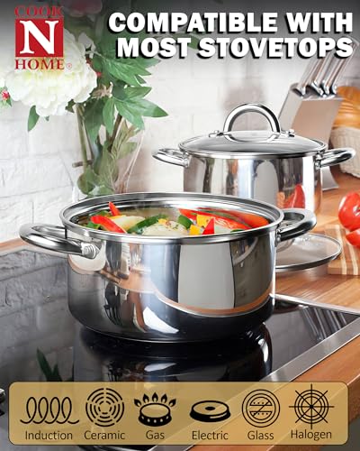 Cook N Home 8 Quart Stainless Steel Stock Pot with Lid - Silver, Induction Compatible, Oven & Dishwasher Safe