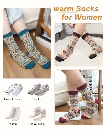 Senker Fashion Wool Socks for Women - 5 Pairs Winter Warm Crew Boot Socks, One Size, Blue Dark Blue Brown Red Green