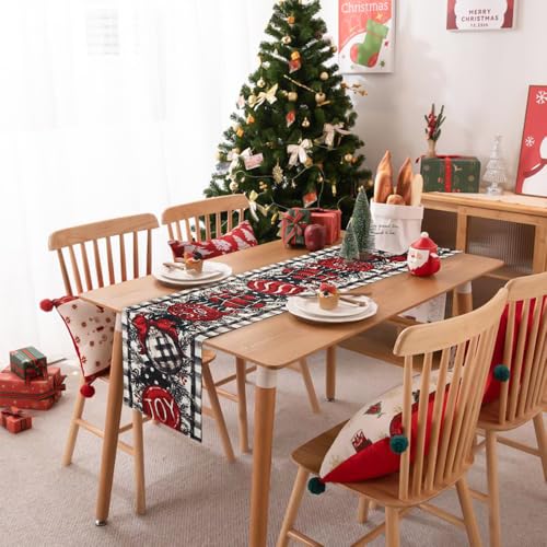 White and Black Buffalo Plaid Christmas Table Runner,Christmas Balls Joy Pine Branch Seasonal Winter Kitchen Tabletop Runner for Indoor Outdoor Dining Table Decoration13x72 Inch