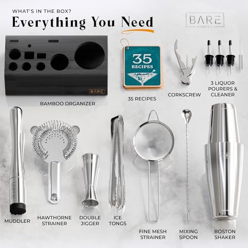 Bartender Kit Bar Set with 28oz Boston Shaker - Silver & Black - 14 Piece Cocktail Mixing Tools & Recipe Cards