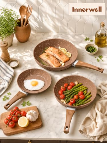 Innerwell Nonstick Ceramic Frying Pans Skillet Set with Lids - Gold, 8/9.5/11 inch