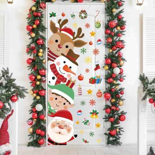 44.88 x 15.75 Inch Christmas Door Decals Christmas Santa Claus Elk Snowman Door Sticker Decor for Holiday Christmas Kids Baby Nursery Playroom Bedroom Classroom Kindergarten Holiday Wall Decor