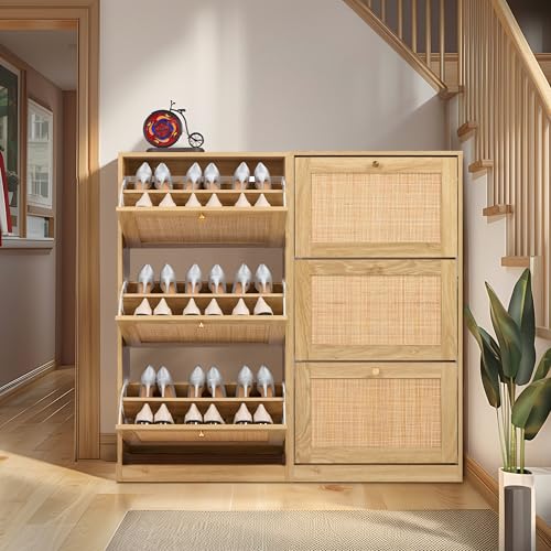 Natural Rattan 3-Tier Shoe Cabinet with Flip Drawers & Large Top Storage