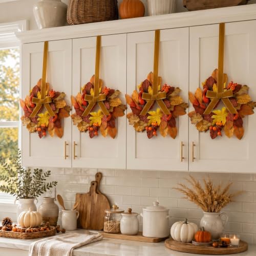Mini Fall Wreaths Set of 6 for Kitchen Cabinets - Autumn Harvest Decor