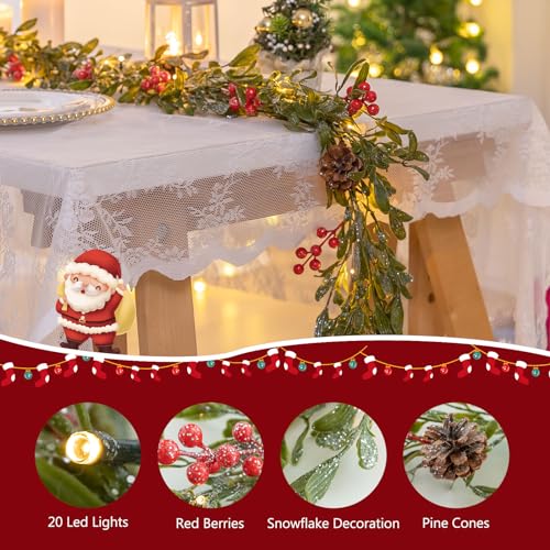 SLPBABY 6.6ft Lighted Christmas Garland – Prelit with 20 Warm LEDs, Pine Cones & Red Berry, Battery Operated w/ Timer