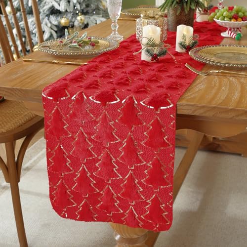 Christmas Tree Table Runner, 72 Inches Long Plush Gold Sequin Glitter Table Runners for Dining/Parties/Holiday Decorations (Red, 13" x 72", Table Runner)