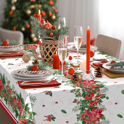 MASHAN 12-Pack Christmas Holly Poinsettia Tablecloths 54x108in Holiday Decor