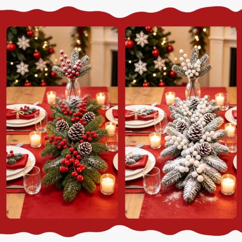 Naplings 42pcs Red & White Artificial Berry Stems for Christmas Decor