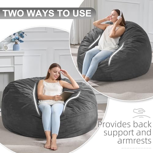 Hobestluk Extra Large Grey Velvet Bean Bag Chair - Soft Memory Foam Lounge