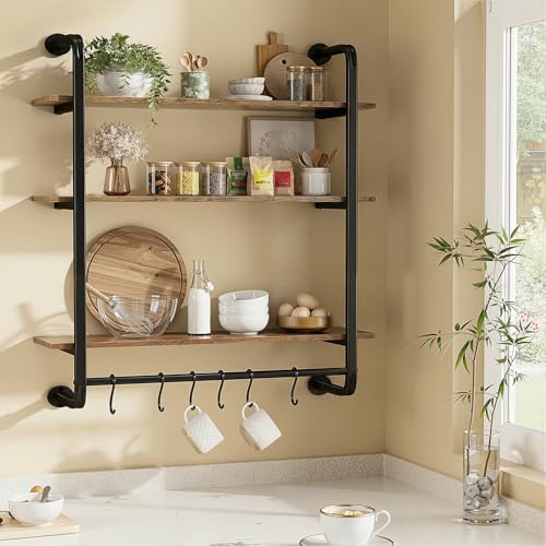 3 Tier Industrial Pipe Floating Shelf, 24" Kitchen Wall Shelves