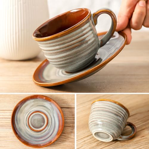 Brown 8oz Ceramic Espresso Cups with Saucers - Set of 4 for Coffee & Tea