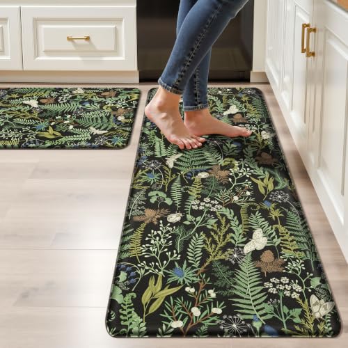 Keensoft 2PCS Botanical Kitchen Rugs Set - Ink Moss Green, 17.3x28 & 17.3x47 Inches