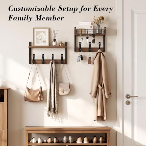 Brown 29-Inch Wall Mount Coat Rack with Shelf and 11 Hooks - 4 in 1 Entryway Organizer