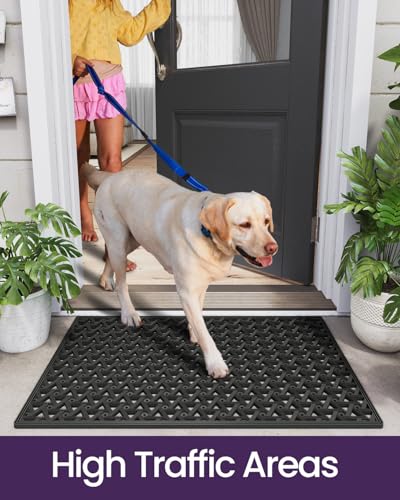 DEXI Black Outdoor Rubber Front Door Mat 24x36 Inch Non Slip Doormat