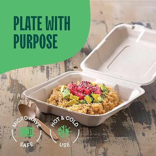 8x8 Compostable Take Out Food Containers - 100 Pack Heavy Duty Eco-Friendly