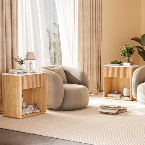 Oak Fluted Nightstand Set of 2 with Marble Top & Drawer - Modern Bedside Tables