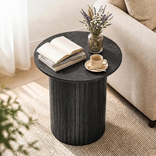 GIANTEX Black Round Fluted Side Table Set of 2 - Modern Pedestal End Tables