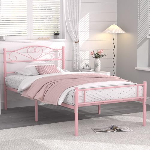 Pink Twin Size Metal Platform Bed Frame with Headboard & Footboard, Heavy Duty Support