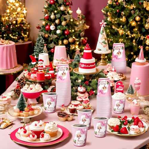 WRAPAHOLIC 50 Pcs Christmas Paper Cups - 9 oz Pink Santa Claus Disposable Cups, Holiday Party Supplies for Juice Coffee Hot Cold Beverage Drink