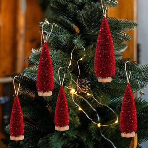 BIJXOYA 9 Pcs Mini Christmas Tree Set - 6/8/10 in with Red Glitter, Wooden Bases