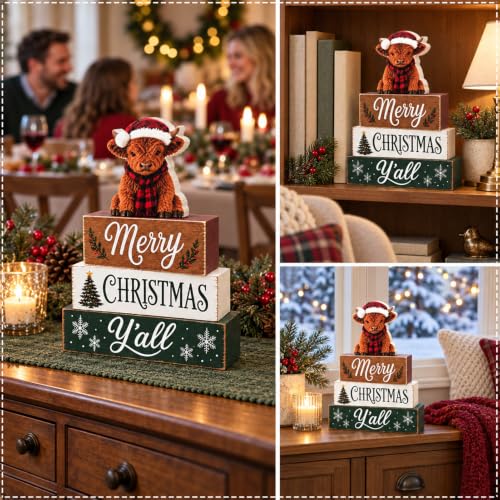 Farmhouse Highland Cow Christmas Tiered Tray Decor - Rustic Wooden Sign