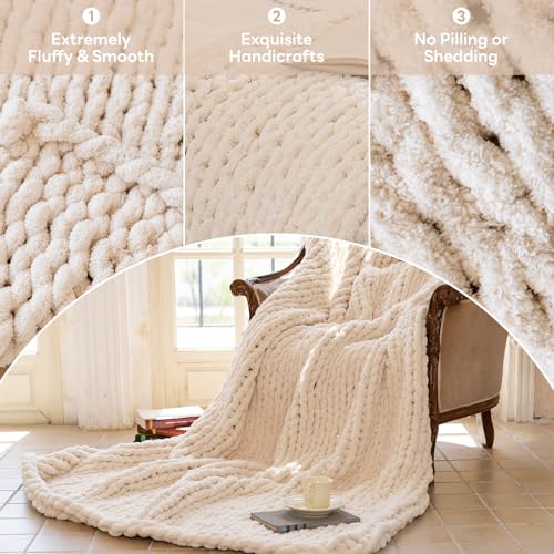 Chunky Knit Throw Blanket for Couch 40x50 Inches Cream - Handwoven Chenille Warm Blanket