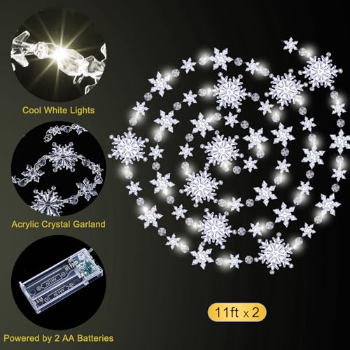 VIHOSE 2 Pcs Lighted Snowflake Garland Christmas Decor 22ft Warm Battery-Operated