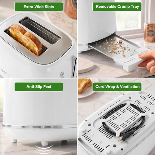 Keenstone 2 Slice Retro Stainless Steel Toaster - White Kitchen Appliance