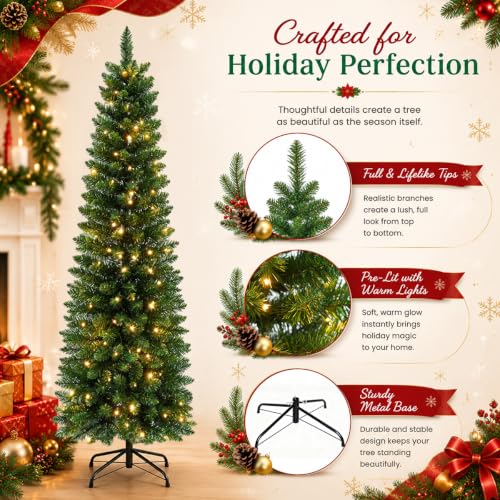 6ft Pre-Lit Slim Artificial Christmas Tree with Warm White LED Lights - Green, Foldable Stand