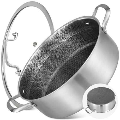LOLYKITCH 8 QT Deep Frying Pan with Lid - 13 Inch Stainless Steel Skillet, Riveted Handles